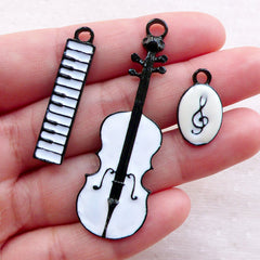 DEFECT Music Instrument Enamel Charms / G Clef Treble Clef Keyboard Violin Charm (3pcs / 19mm to 54mm / Black & White) Musician Gift CHM2369