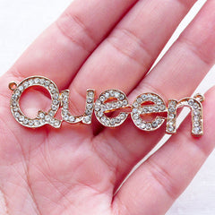 Queen Charm with Clear Rhinestones / Queen Word Metal Cabochon (1 piece / 59mm x 16mm / Gold) Bling Bling Pendant Necklace Decoden CHM2370