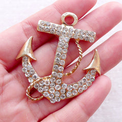 Big Anchor Charm with Clear Rhinestones / Large Anchor Metal Cabochon (1 pc / 43mm x 46mm / Gold) Bling Pendant Decoden Phone Case CHM2371