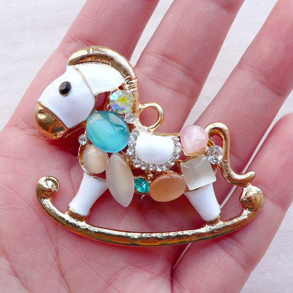 Large Rocking Horse Charm Pendant with Gems / Big Rocking Horse Metal Cabochon (1 piece / 50mm x 45mm / Gold) Kawaii Phone Case Deco CHM2374