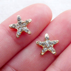 Small Star Cabochons w/ Clear Rhinestones (2pcs / 10mm / Gold / Flat Back) Tiny Mini Star Bling Nail Art Embellishment Card Making NAC312