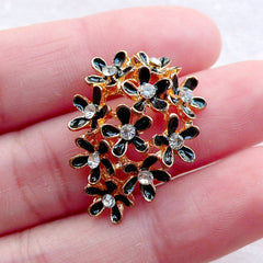 Flower Cluster Enamel Cabochon w/ Clear Rhinestones (1 piece / 20mm x 27mm / Gold & Black) Floral Embellishment Cell Phone Decoden CAB548