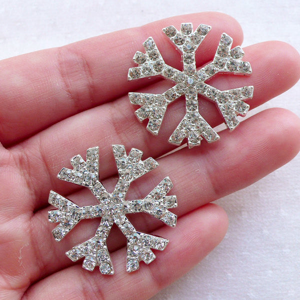 CLEARANCE Bling Bling Snowflakes Metal Cabochon w/ Clear Rhinestones / Christmas Snow Flakes (2pcs / 28mm / Silver / Flatback) Hair Bow Center CAB554