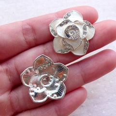Rose Flower Enamel Cabochon with Clear Rhinestones (2pcs / 25mm / White) Hairbow Centers Table Scatter Wedding Party Decoration CAB557