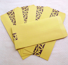 Kraft Bag Envelopes with Scroll Pattern / Long Open End Square Flap Envelope (5pcs / 11cm x 22cm / 4.33" x 8.66" / Brown & Purple) S355