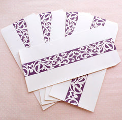 Policy Envelopes with Scroll Pattern / Long Open End Envelope / Bag Envelopes (5pcs / 11cm x 22cm / 4.33" x 8.66" / White & Purple) S354