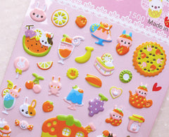 Kawaii Rabbit Puffy Stickers / Cute Animal Stickers / Food and Sweets Sticker (1 Sheet) Scrapbooking Diary Sticker Planner Deco Sticker S360