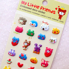 CLEARANCE Puffy Animal Stickers / My Little Friends Embossed Deco Stickers / Kawaii Zoo Sticker (1 Sheet) Sheep Penguin Frog Cat Bear Rabbit S374