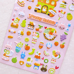 Kawaii Rabbit Puffy Stickers / Cute Animal Stickers / Food and Sweets Sticker (1 Sheet) Scrapbooking Diary Sticker Planner Deco Sticker S360