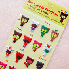 CLEARANCE Puffy Animal Stickers / My Little Friends Embossed Deco Stic, MiniatureSweet, Kawaii Resin Crafts, Decoden Cabochons Supplies