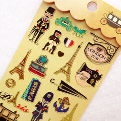 London Paris Stickers / Gold Foil Travel Deco Sticker (1 Sheet / Eiffel Tower Gentleman Luggage Carriage) France England United Kingdom S395