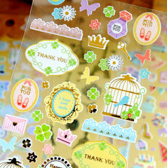 Spring Deco Stickers with Gold Foil (1 Sheet / Bird Ornate Frame Princess Four Leaf Clover Flower) Cute Diary Embellishment Card Making S396