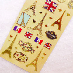 Paris Eiffel Tower Stickers / Gold Foil London Deco Sticker (1 Sheet) France England United Kingdom UK Flag Travel Passport Sticker S400