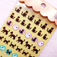 Black Cat Stickers / Gold Foil Animal Deco Stickers (1 Sheet) Scrapbooking Embellishment Home Decor Cell Phone Decoration Card Making S394