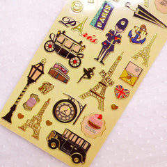 London Paris Stickers / Gold Foil Travel Deco Sticker (1 Sheet / Eiffel Tower Gentleman Luggage Carriage) France England United Kingdom S395