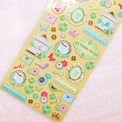 Spring Deco Stickers with Gold Foil (1 Sheet / Bird Ornate Frame Princess Four Leaf Clover Flower) Cute Diary Embellishment Card Making S396
