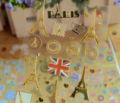 Paris Eiffel Tower Stickers / Gold Foil London Deco Sticker (1 Sheet) France England United Kingdom UK Flag Travel Passport Sticker S400