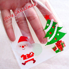 Merry Christmas Cello Bags / Cute Santa Claus & Christmas Tree Plastic Bags / Self Adhesive Gift Bags (10cm x 11cm / 20pcs / White) GB159