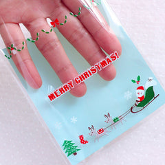 Santa Claus & Reindeer Cello Bags / Merry Christmas Gift Bags / Self Adhesive Plastic Bags (10cm x 11cm / 20pcs / Blue) Packaging GB162