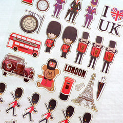 I Love UK Stickers with Gold Foil (1 Sheet / Queen's Guard, Telephone Booth, London Bus, Carriage, Post Box Stand, Antique Car, etc) S421