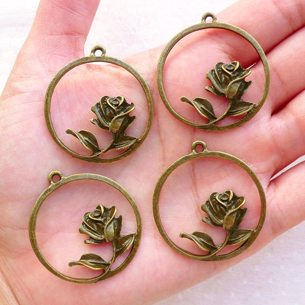 Round Rose Charms (4pcs / 33mm x 36mm / Antique Bronze) Floral Jewelry Flower Pendant Wedding Favor Charms DIY Handbag Purse Charms CHM2376