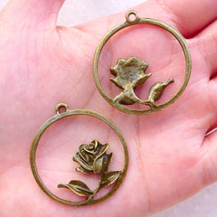 Round Rose Charms (4pcs / 33mm x 36mm / Antique Bronze) Floral Jewelry Flower Pendant Wedding Favor Charms DIY Handbag Purse Charms CHM2376