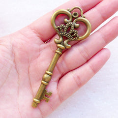 Large Skeleton Key Charm with Crown Pattern (1 piece / 32mm x 83mm / Antique Bronze / 2 Sided) Key Ring Charm Key Pendant Necklace CHM2378