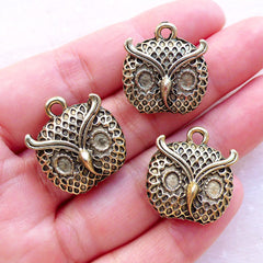 Owl Head Charms (3pcs / 19mm x 21mm / Antique Gold) Bird Jewellery Animal Pendant Earrings Bracelet Key Chain Purse Handbag Charm CHM2379