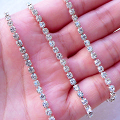 3mm Rhinestones Chain (Silver Plated w/ Clear Rhinestones) (20cm Long) Bridesmaid Bridal Jewelry Making Bling Bling Decoration Decoden A057