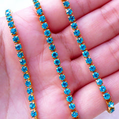 3mm Rhinestones Chain (Gold Plated w/ Aqua Blue Rhinestones) (20cm Long) Jewellery Making Bling Bling Embellishment Decoden Phone Case A058