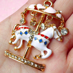 Kawaii Carousel Charm with Rhinestones / Large Merry Go Round Pendant / Big Metal Roundabout Cabochon (35mm x 49mm) Necklace Jewelry CAB167