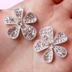 CLEARANCE Rhinestone Flower Cabochon / Bling Bling Floral Metal Cabochon (2pcs / 26mm / Silver with Clear Rhinestones) Hair Bow Center Supplies CAB117