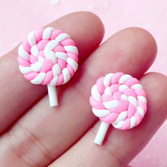 Miniature Lollipop Cabochons / Polymer Clay Sweets Cabochon (2pcs / 15mm x 20mm / Pink) Kawaii Cell Phone Deco Fimo Dollhouse Sweets FCAB071