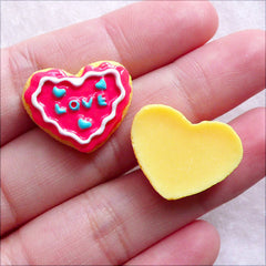 CLEARANCE Kawaii Resin Cabochons / Fake Sugar Cookie Cabochon / Mini Heart Biscuit (2pcs / 21mm x 17mm / Strawberry Pink) Sweets Embellishment FCAB436