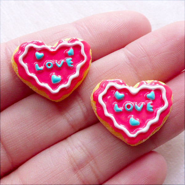 CLEARANCE Kawaii Resin Cabochons / Fake Sugar Cookie Cabochon / Mini Heart Biscuit (2pcs / 21mm x 17mm / Strawberry Pink) Sweets Embellishment FCAB436