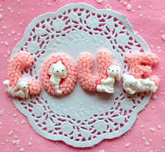 LOVE Cabochons with Kawaii Animal Bunny Rabbit (4pcs / Pink) Decoden Letter Alphabet Cabochon Valentines Day Decor Wedding Supplies CAB078