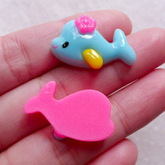 CLEARANCE Ocean Fish Cabochon / Whale Cabochons / Sea Animal Cabochons (2pcs / 25mm x 15mm / Blue & Pink / Flat Back) Baby Hair Jewelry Making CAB559