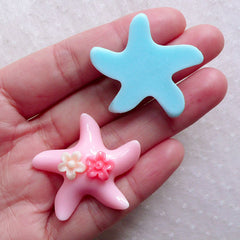 CLEARANCE Starfish Cabochon Sea Star with Flowers (2pcs / 33mm x 32mm / Baby Blue & Pink) Baby Hair Bow Centers Decoden Pieces Beach Jewelry CAB562