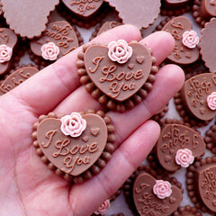 Doll Food Cabochon / Miniature Chocolate Cake Cabochon / I Love You Heart Cake (2pcs / 36mm x 32mm) Wedding Valentines Day Decor FCAB458