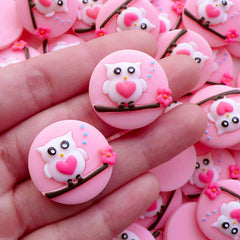 Pink Owl Cameo Cabochon / Kawaii Animal Cameo (2pcs / 25mm / Flat Back) Cute Decoden Pieces Hair Bow Centers Bird Embellishment CAB569