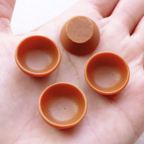 Dollhouse Bowl Cabochons / Tiny Mini Rice Bowls (4pcs / 19mm x 9mm / Brown) Miniature Food Making Mini Doll House DIY Fake Food Craft MC48