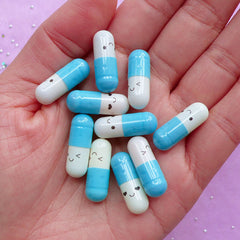 Kawaii Pill Cabochons / Happy Pill Capsule with Blank Message Paper Inside (10pcs / 21mm / Light Blue) Secret Letter Wishing Jar Note CAB578