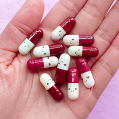 Emoticon Pill Cabochons / Faux Pill Capsule with Blank Paper for Writing Your Own Message (10pcs / 21mm / Wine Red) Valentine Note CAB582