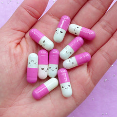 Kawaii Pill Capsule Cabochons / Happy Emoticon Pill with Blank Letter Paper (10pcs / 21mm / Hot Pink) Happy Message Secret Wish Note CAB586