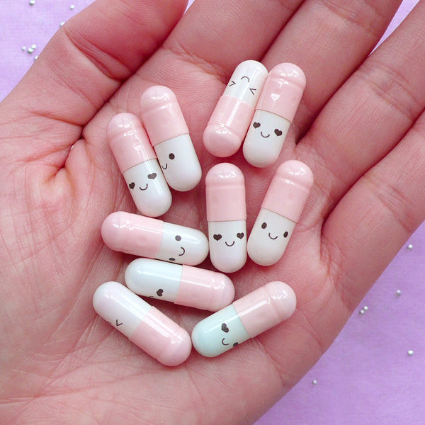 Wish Pill Capsule Cabochons / Kawaii Happy Pill with Blank Note Paper (10pcs / 21mm / Baby Pink) Gift Message Secret Wish Letter CAB587