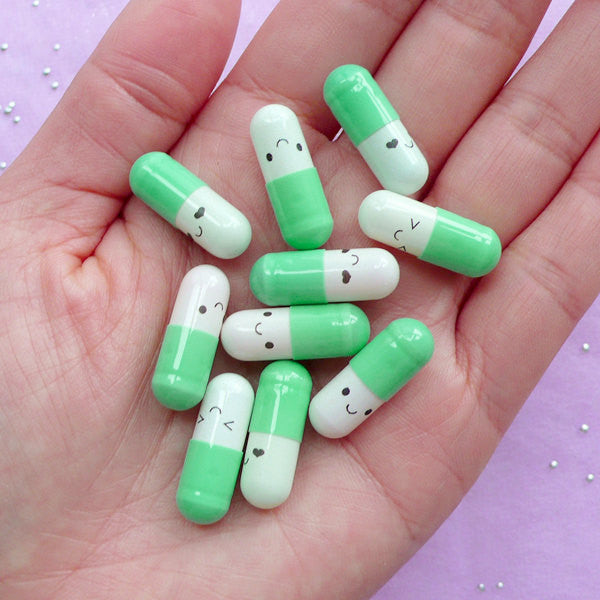 Letter Pill Cabochons / Happy Smile Pill Capsule with Blank Note Paper (10pcs / 21mm / Mint Green) Wish Message Kawaii Stationery CAB584