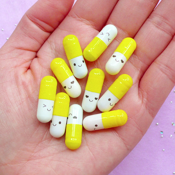Message in a Pill Cabochons / Fake Pill Capsule with Blank Note Paper (10pcs / 21mm / Yellow) Get Well Soon Get Better Lucky Draw CAB591