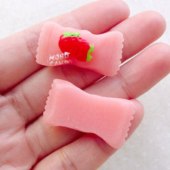 Fake Candy Cabochons / Kawaii Strawberry Hard Candy (2pcs / 31mm x 17mm / Pink / Flat Back) Sweets Deco Decoden Supplies FCAB474