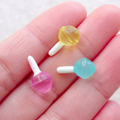 Dollhouse Lollipop Cabochons / 3D Miniature Lolly Cabochon / Fake Candy Sucker Cabochon / Tenny Tiny Sticky Pop (3pcs / 8mm x 14mm) FCAB476