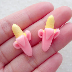 Kawaii Fruit Cabochon / Mini Banana Cabochons (2pcs / 15mm x 25mm / Pastel Pink / 3D) Miniature Food Decoden Craft Novelty Jewelry FCAB479